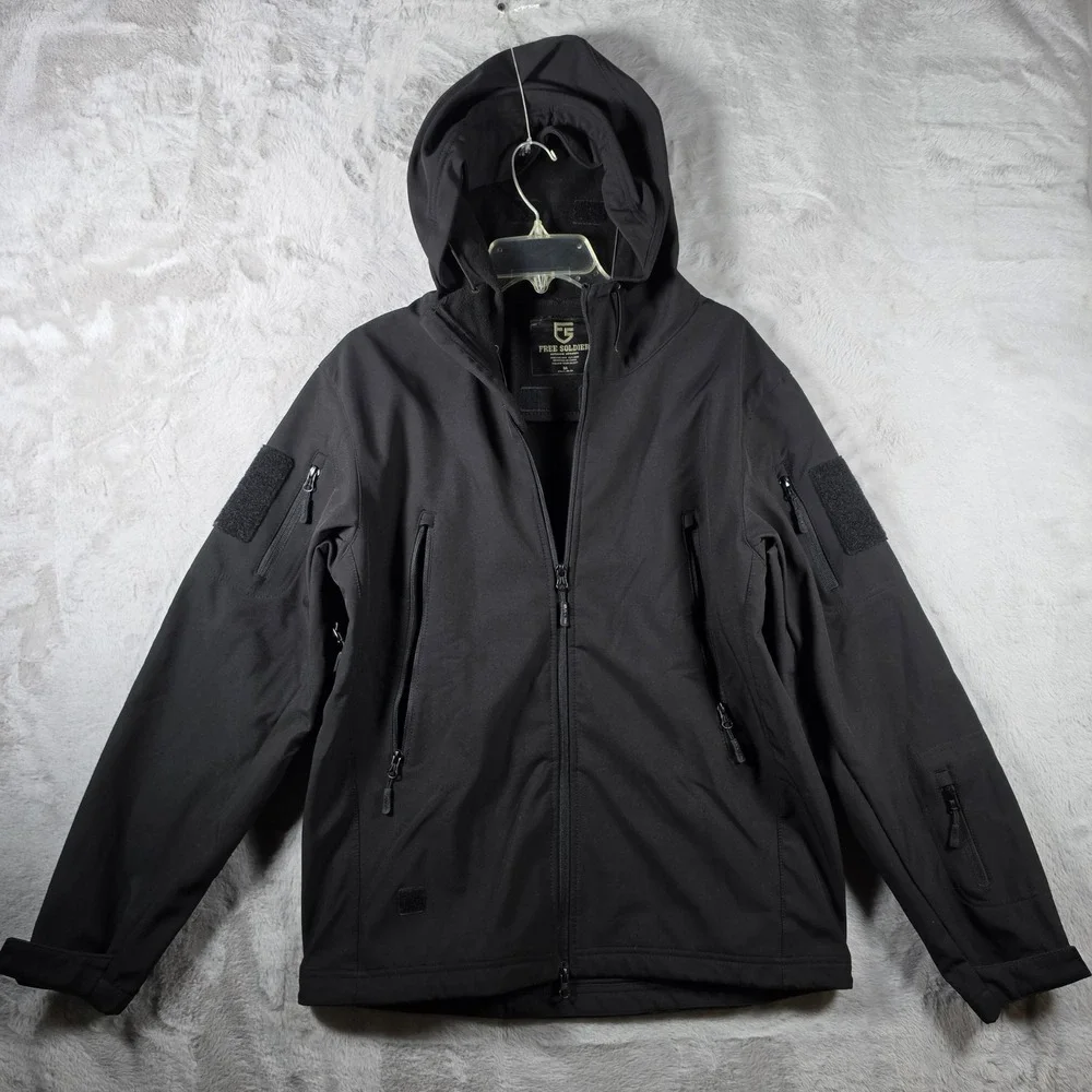 Free Soldier Tactical Softshell Jacket Mens Medium Black‎ Fleece Lined Hooded